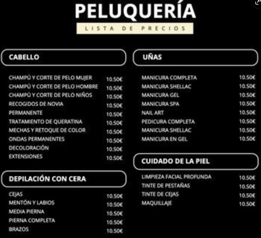 Carta de servicios y precios de peluquería